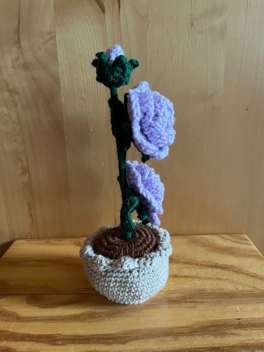 Handmade Lavender Crochet Rose Plant in Cream Pot
